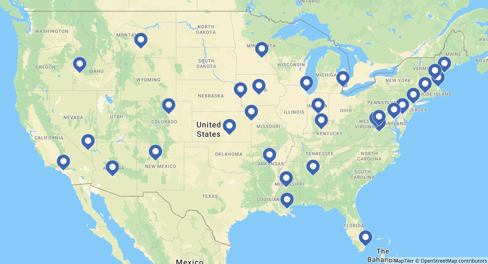Map of the US with pins showing cities where incidents are happening