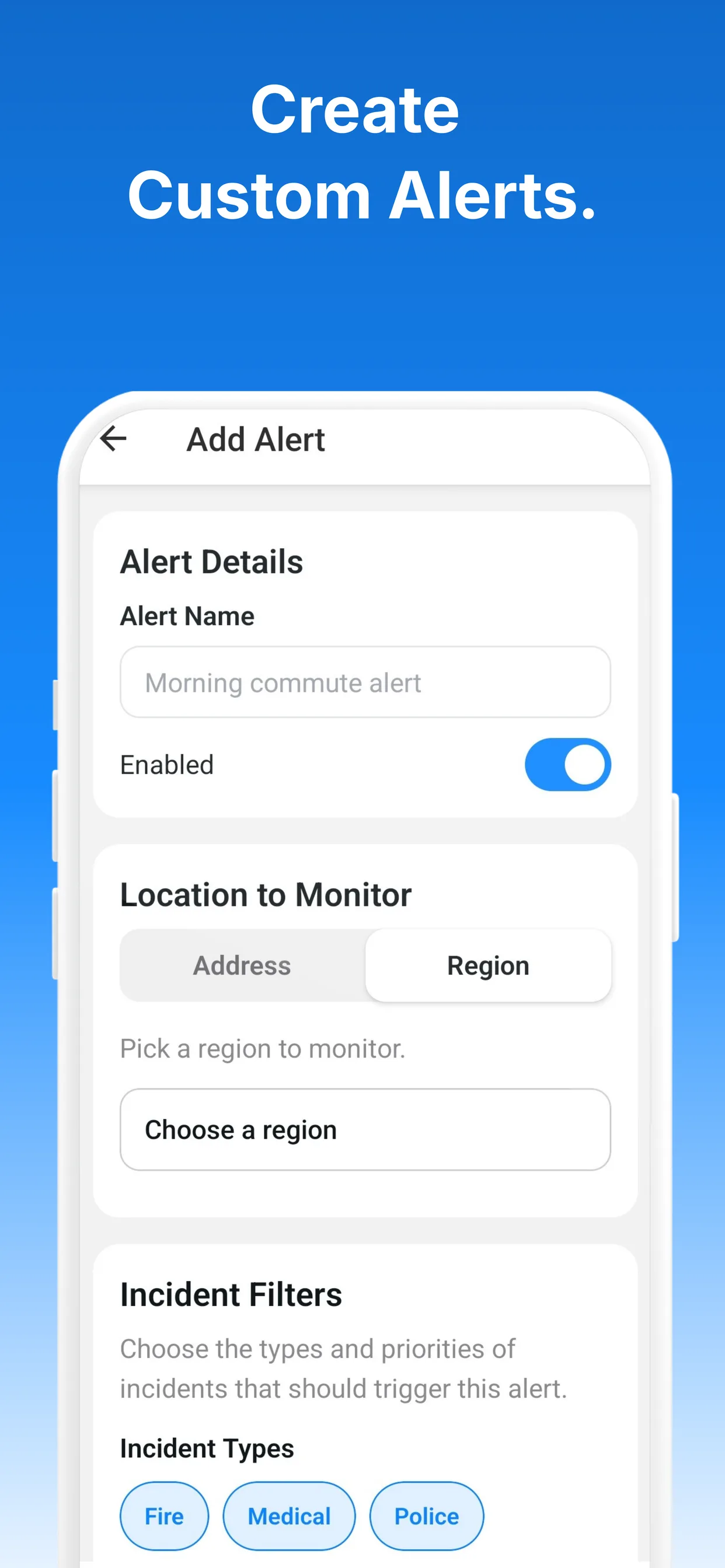 Mobile app custom alerts setup screen
