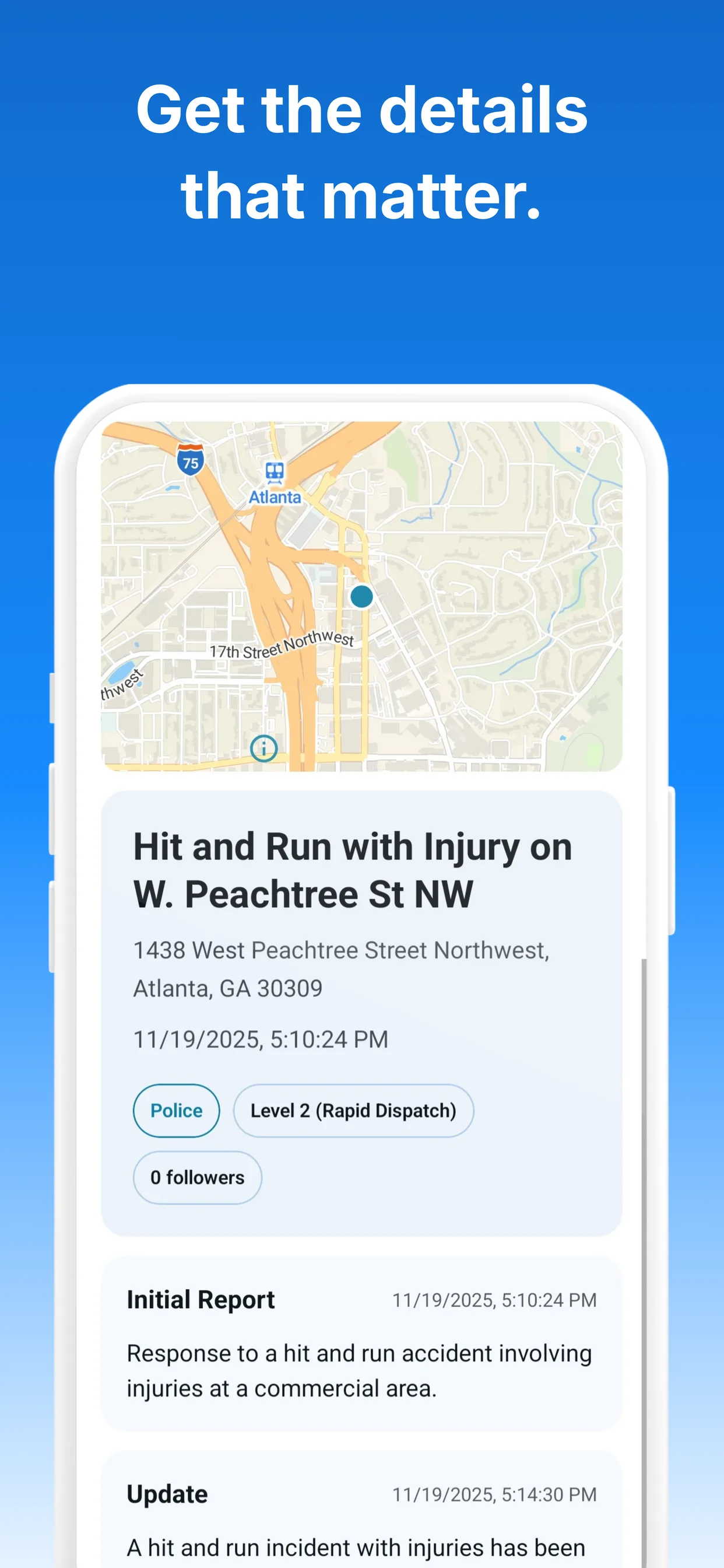 Mobile app incident details screen with updates and context