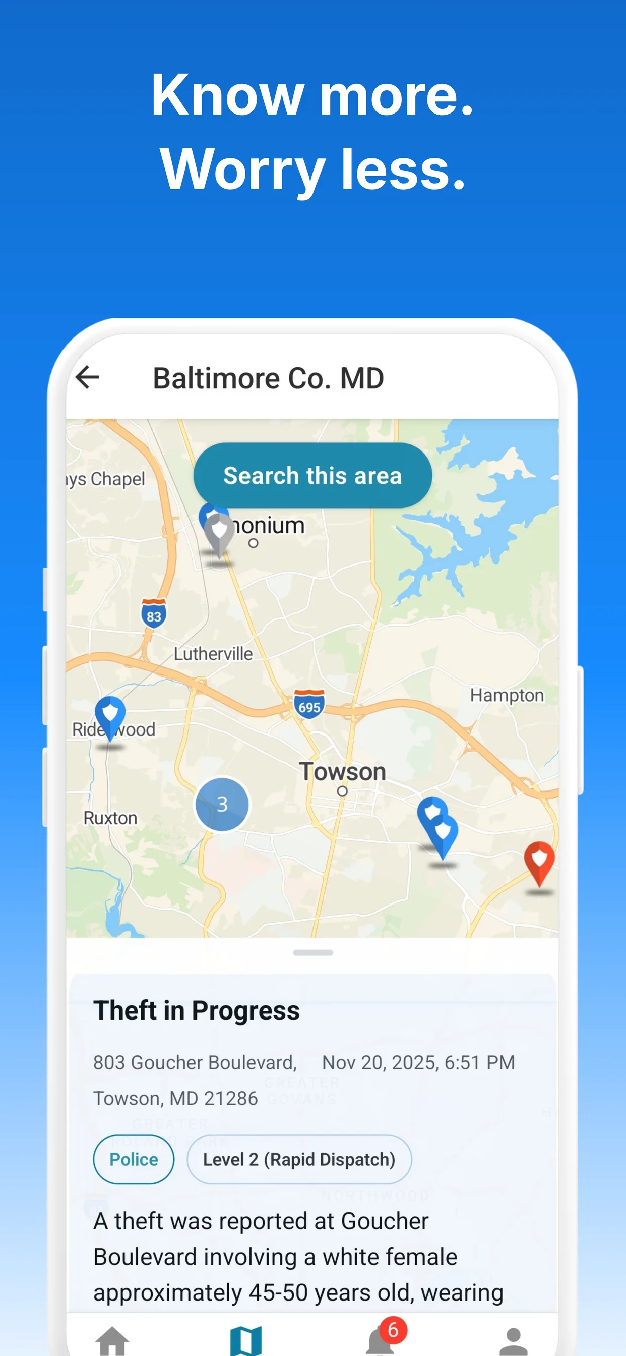 Mobile app incidents map with active markers and incident cards