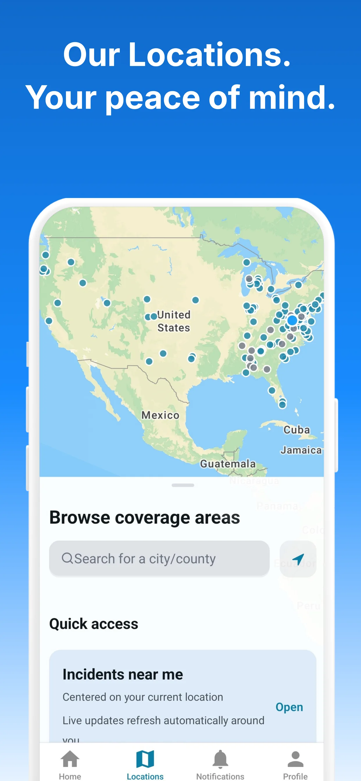 Mobile app locations screen showing coverage across the United States